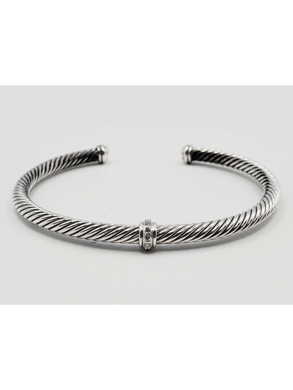 David Yurman Classic Cable Station Cuff Bracelet 4mm Diamond Sterling Silver Lar